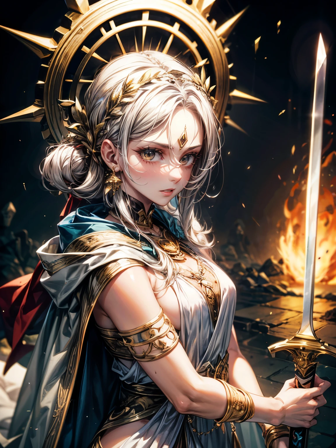 masterpiece,highest quality,Ultra high definition, The Goddess Themis, Greek mythology,Forehead hair,white hair,Sword in right hand, balance in left,deep brown eyes, white draped robe, scales, Deep brown eyes