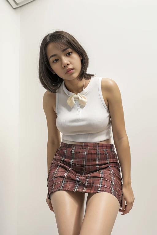 (masterpiece, best quality:1.2), (realistic,photo-realistic:1.4), RAW photo, highres, extremely detailed, intricate details, cinematic lighting, (front view, view from below:1.3), a 16yo female, Indonesian face girl, wear skirt, Girl sitting on chair, open crossing leg, seeing panties on skirt, visible white panties open leg, in school classroom, (full body,loafers:1.5), large breasts, (fine fabric texture, white shirt, plaid mini-skirt, school bowtie, socks:1.2), detailed eyes, detailed face, fine-textured skin, pale skin,
(peeing self,urination:1.4),(ashamed:1.2),
desperate for peeing, wetting her clothes, pee runing down her legs, pee desperation pose, pee desperate face, big pee pudle,
indoors, photo background,