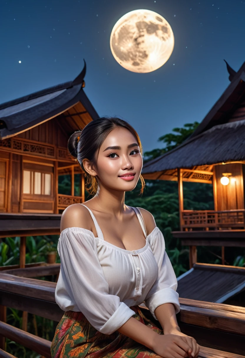 professional photography. Realistically, a beautiful Indonesian girl with big breasts sits stunned on the top terrace of a traditional wooden house, looking at the camera, teary-eyed while smiling expensively, wearing simple and polite clothes, with bun style hair, a night sky landscape background with a bright moon shining . 4K, very detailed,incredibly absurdres, ultra detailed, high resolution, realistic lighting, photorealism, hyperrealism,masterpiece,vibrant colors,stunning visuals,ultra skin texsture,stable diffusion,perfect anatomy,crazy details
