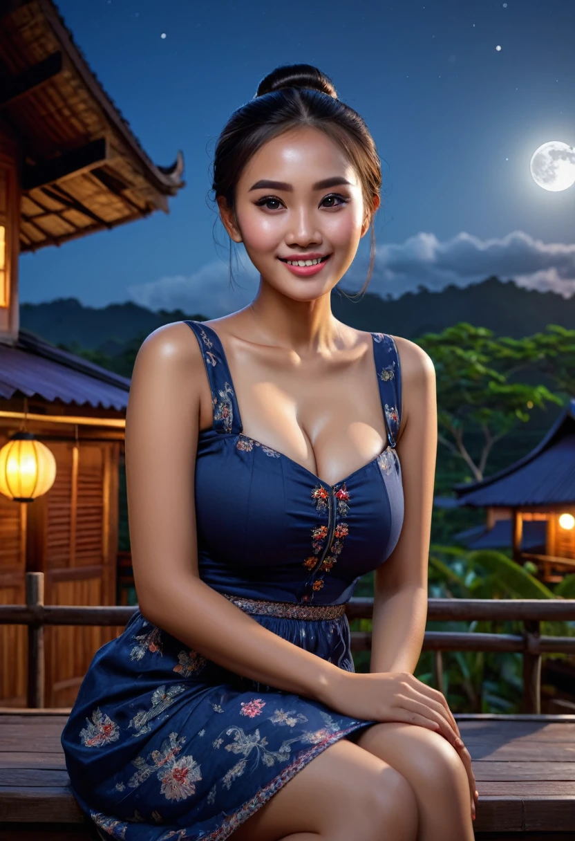 professional photography. Realistically, a beautiful Indonesian girl with big breasts sits stunned on the top terrace of a traditional wooden house, looking at the camera, teary-eyed while smiling expensively, wearing simple and polite clothes, with bun style hair, a night sky landscape background with a bright moon shining . 4K, very detailed,incredibly absurdres, ultra detailed, high resolution, realistic lighting, photorealism, hyperrealism,masterpiece,vibrant colors,stunning visuals,ultra skin texsture,stable diffusion,perfect anatomy,crazy details