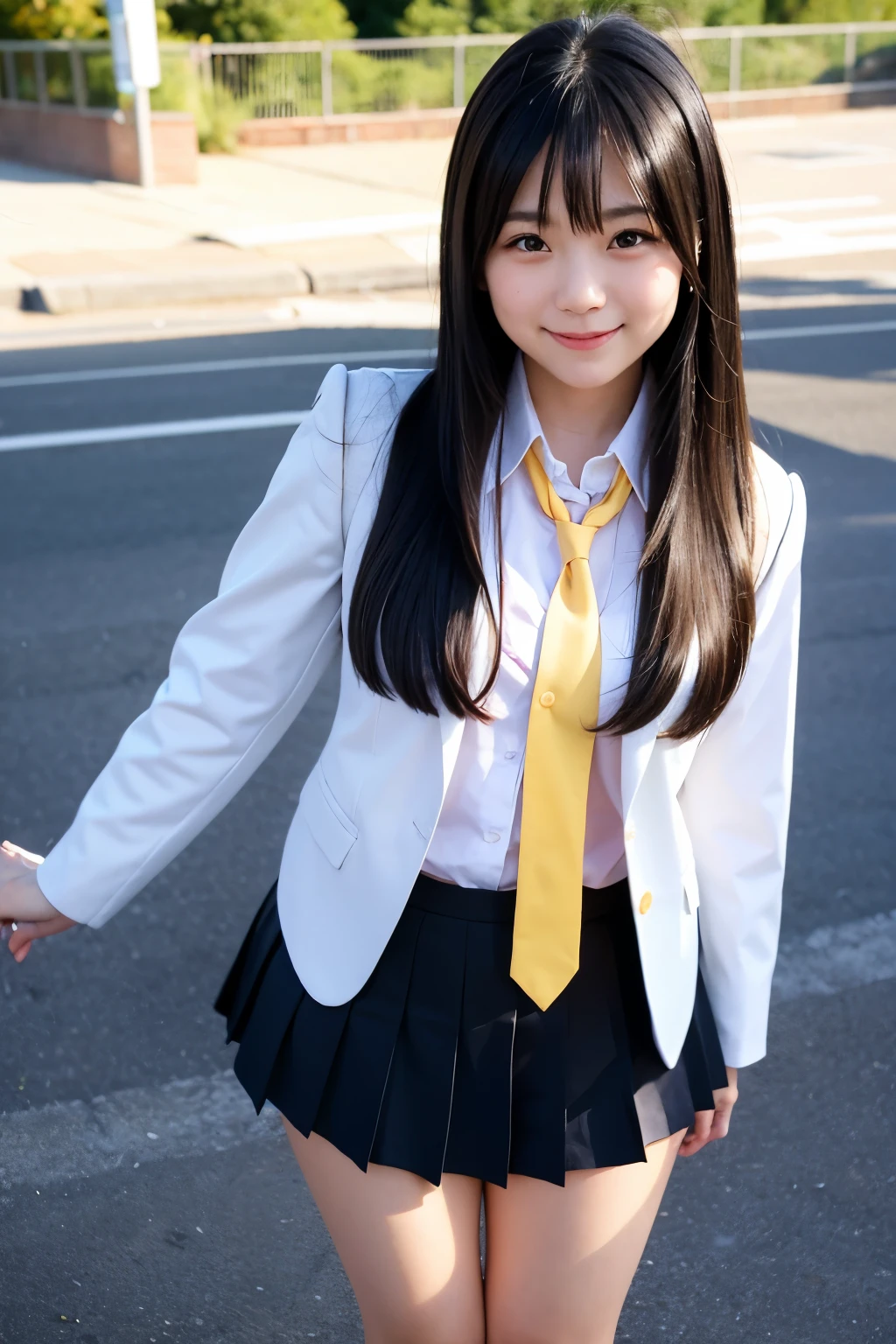 An empty town、Japanese high school girls in miniskirt uniforms、Long black hair、Idol-like and cute face、Full body portrait、Smiling