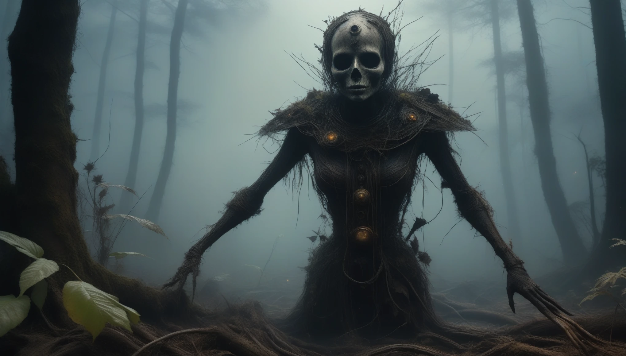 young graphite witch's mummy made of dead plants crawling out foggy Louisiana forest, radioactive atmosphere,charcoal abandoned mechanical clockwork Spaceship, steampunk dark horror fantasy, ominous landscapes,large number of stars fly towards the viewer,radioactive world,ruined theme,lots of toxic dust,amazon,full body length shot,once pretty face,full body length, eerie atmosphere, ethereal presence, toxic mists, supernatural entities, sinister aura, dark and twisted branches, macabre elements, eerie and ominous lighting,Complicated detail,captivating creation,intricate details,extremely detailed,masterpiece,intricate details,eyes extremely detailed, high detailed eyes,32k resolution, Nikon Z9,After tsunamis,like Stone Forest in Yunnan Province of China,Simon Stalenhag,Nicola Samori,Wangechi Mutu, horror movie, cinematic look, creepy aesthetic, ultra detailed, photorealistic, masterpiece.