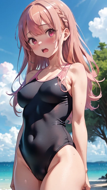 mastute piece,Best Quality,insanely detailed,8k cg,nsfw,
(shoot upper body:1.3),
(1girls:1.3),standing,looking at viewr,body in front,both arms behind back,(school swimsuit),
break,
blush,shy,(trembling:1.2),(Pink Hair:1.4),
break,
perfect breasts,perfect teats,(open mouth:0.9),(large breasts:1.2),
Sandy Beach,