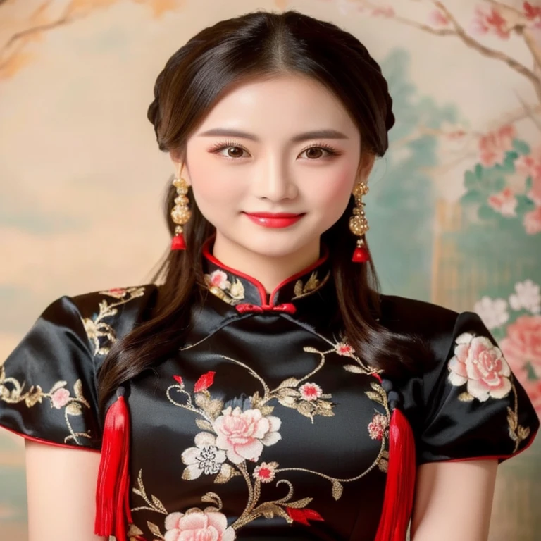Close-up of a woman wearing a black and red dress, Chinese style, traditional chinese, Chinese dress, Cheongsam, Chinese dress, traditional chinese clothing, Chinese woman, with ancient Chinese clothes, Chinese girl, wearing a red Cheongsam, Chinese princess, black and red silk clothes, Gorgeous Chinese model, traditional beauty, สวมChinese dressโบราณ ผ้าไหมกำมะหยี่ผ้าไหมกำมะหยี่สีน้ำเงินสีทองสีเหลืองสีส้มท่าใหม่ราคาแพง, Action with different poses,