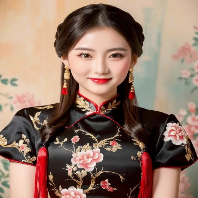 Close-up of a woman wearing a black and red dress, Chinese style, traditional chinese, Chinese dress, Cheongsam, Chinese dress, traditional chinese clothing, Chinese woman, with ancient Chinese clothes, Chinese girl, wearing a red Cheongsam, Chinese princess, black and red silk clothes, Gorgeous Chinese model, traditional beauty, สวมChinese dressโบราณ ผ้าไหมกำมะหยี่ผ้าไหมกำมะหยี่สีน้ำเงินสีทองสีเหลืองสีส้มท่าใหม่ราคาแพง, Action with different poses,