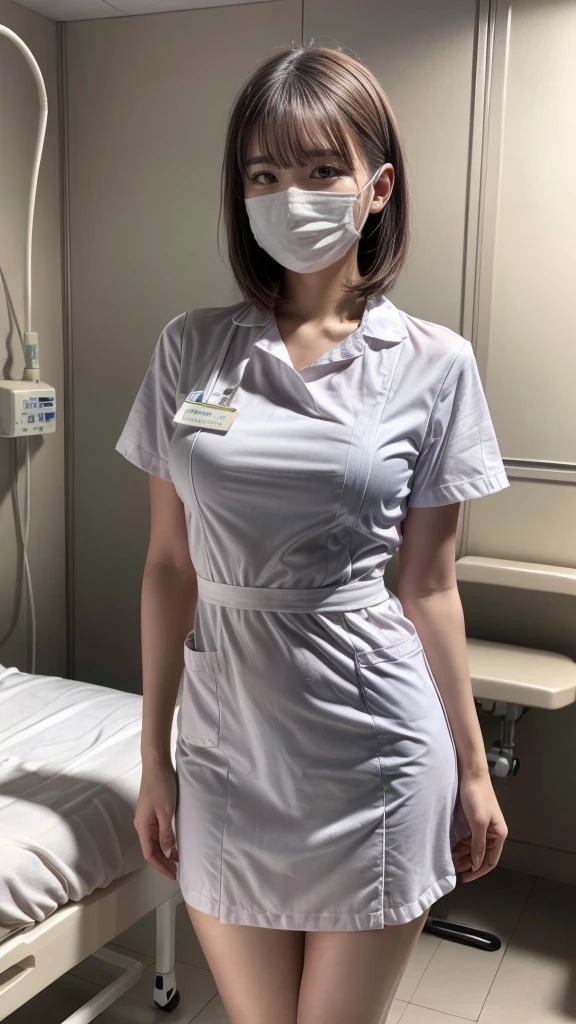 1 girl,(Wearing white nurse clothes:1.2),(RAW photo, highest quality), (realistic, photo-realistic:1.4), masterpiece, very delicate and beautiful, very detailed, 2k wallpaper, wonderful, finely, very detailed CG unity 8k wallpaper, Super detailed, High resolution, soft light, beautiful detailed girl, very detailed eyes and face, beautifully detailed nose, finely beautiful eyes, nurse, perfect anatomy, black hair, up style, nurse uniform, ((mask)), long skirt, nurse, white costume, perfect body shape, hospital, clear, white uniform, hospital room, auscultation of the neck,bob cut