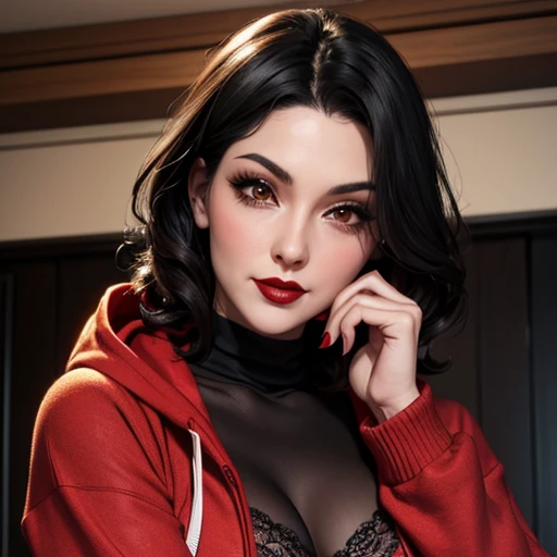 Beautiful woman in her 40s with short wavy black hair red lips looking at the viewer as if she wants to come out of the screen red lips blushing black hoodie sweater black lace bra 