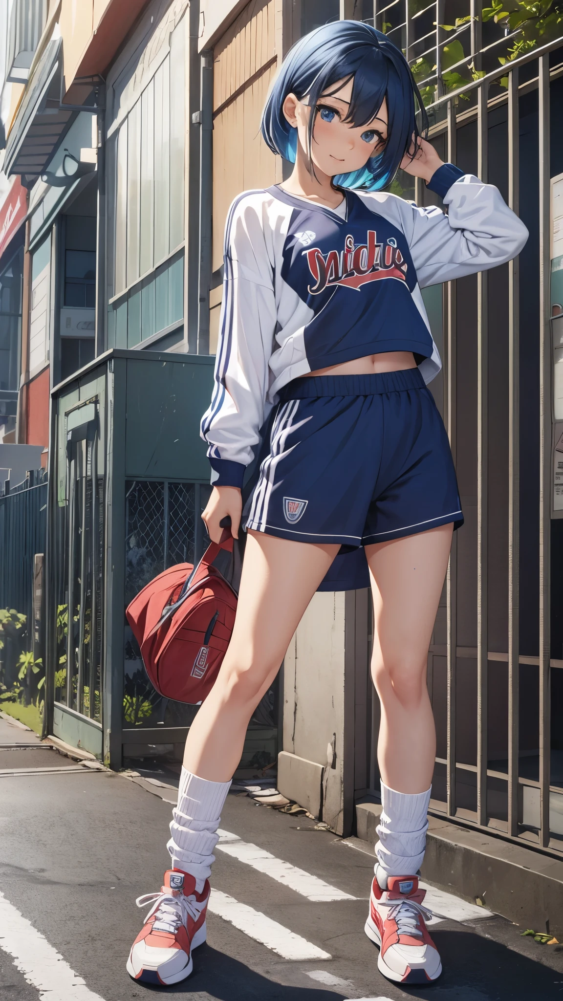 One 17 years old girl,short hair,blue hair mixed colored red hair,((jersey,sports style)),rage,laugh,grin,slender body,socks,sneakers.