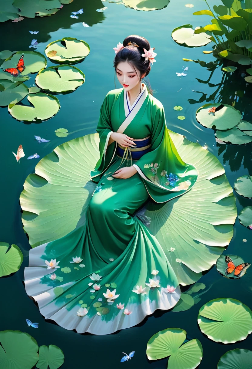 1 girl,light smile,big breasts,(green dress),(lotus pond),(lily plant),(lotus flower:1.3),(butterfly:1.4),(paper fan),(floating leaves),( wind),(lying),(transparent water:1.1),(moonlight:1.3),(peaceful atmosphere:1.4),(wide shot),(from above),(green theme:1.2),He is lying in the middle of the pond lotus,smile,whimper,flutter,red lips,Girl wearing beautiful Hanfu,matching perfectly with the surroundings Scenery g. The beauty of the night, the moonlight reflects on the water, creating a calm atmosphere. From above, the viewer can see the lily pads and lotus flowers surrounding him, there is a mysterious light under the water illuminating the fish swimming elegantly around him. Many blue butterflies dance around the girl, A green theme dominates the scene, with shades of emerald and jade highlighting the natural beauty of the pond. The rippling water and moonlight add to the tranquil mood, making it the perfect place for relaxation and reflection,incredibly absurdres, ultra detailed, high resolution, realistic lighting, photorealism, hyperrealism,masterpiece,vibrant colors,stunning visuals,ultra skin texsture,stable diffusion,perfect anatomy,crazy details