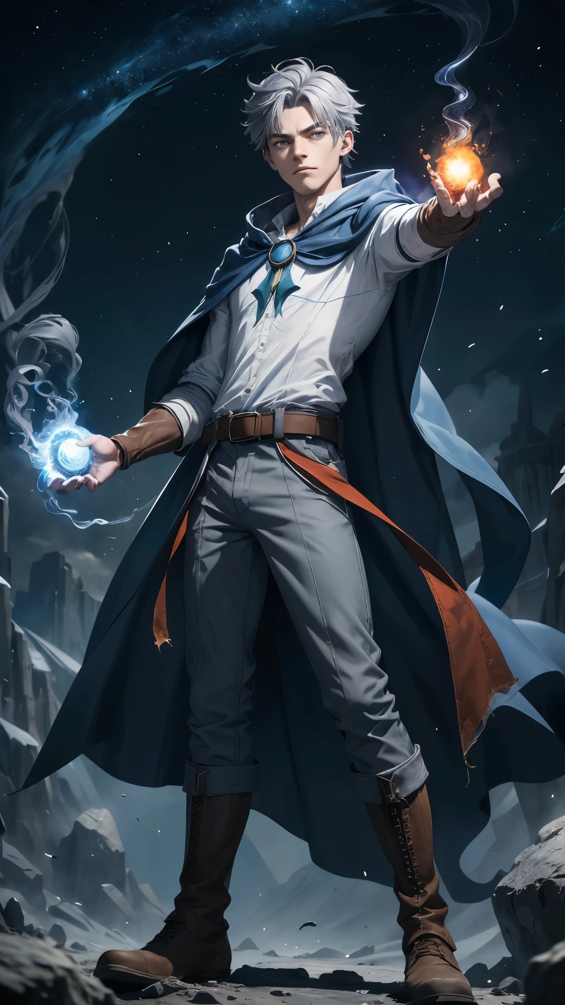 Design 1wizard man throwing a fireball, 22 year old man with dark blue hood and cape.Light gray hair Gray eyes Wearing a white button-down shirt Wearing green shorts Wearing a brown belt Wearing short brown boots Wearing blue gloves on your hands. Crea un fondo de llamas ((mejorar rostro))