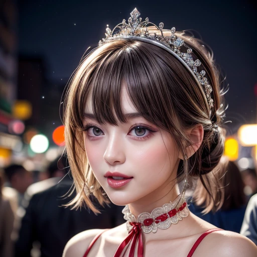 masterpiece of professional Analog photo, realistic and photorealistic with touch of rawness, (a close-up portrait of a tiny princess wearing white thongs on a city street), Dusk Sky with afterglow, intricate lighting effects with light particles, (many colorful lights dazzling bokeh), Traffic lights, enjoying summer festival, { Childish | Gigantic Cleavage } . BREAK (((NOGIZAKA))) Extremely Detailed very KAWAII face variation, perfect anatomy, captivating gaze, elaborate detailed Eyes with (sparkling highlights:1.2), long eyelashes、Glossy RED Lips with beautiful details, Coquettish tongue, Rosy cheeks . (Dynamic joyful expressions), { pleasure in agony | Ecstasy | :D | screaming | Perplexed }, Mystic sight . hair and eye color is same color, { Red leather high collar | Red ribbon }, from diagonally angle, Tiny Coronet, { half updo | short bob } .