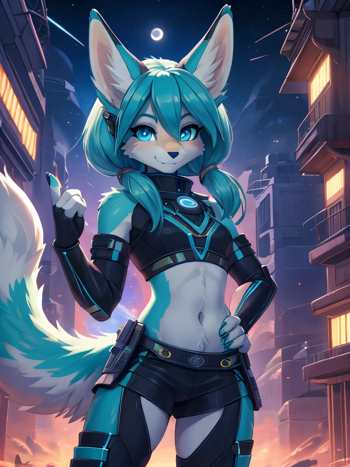 Miku Hatsune, cuerpo aqua&blanco, peludo, orejas de kitsune,((piersings)), arete en el ombligo, tatuajes tribal, space clothes, futuristic city landscape, Eclipse, cara sonrojada, feliz, happy girl. Blue intense eyes, most beautifull blue deep eyes, magic girl, vista de cuerpo completo, caderas anchas, muslos gruesos, electronic girl, space girl, space troper girl