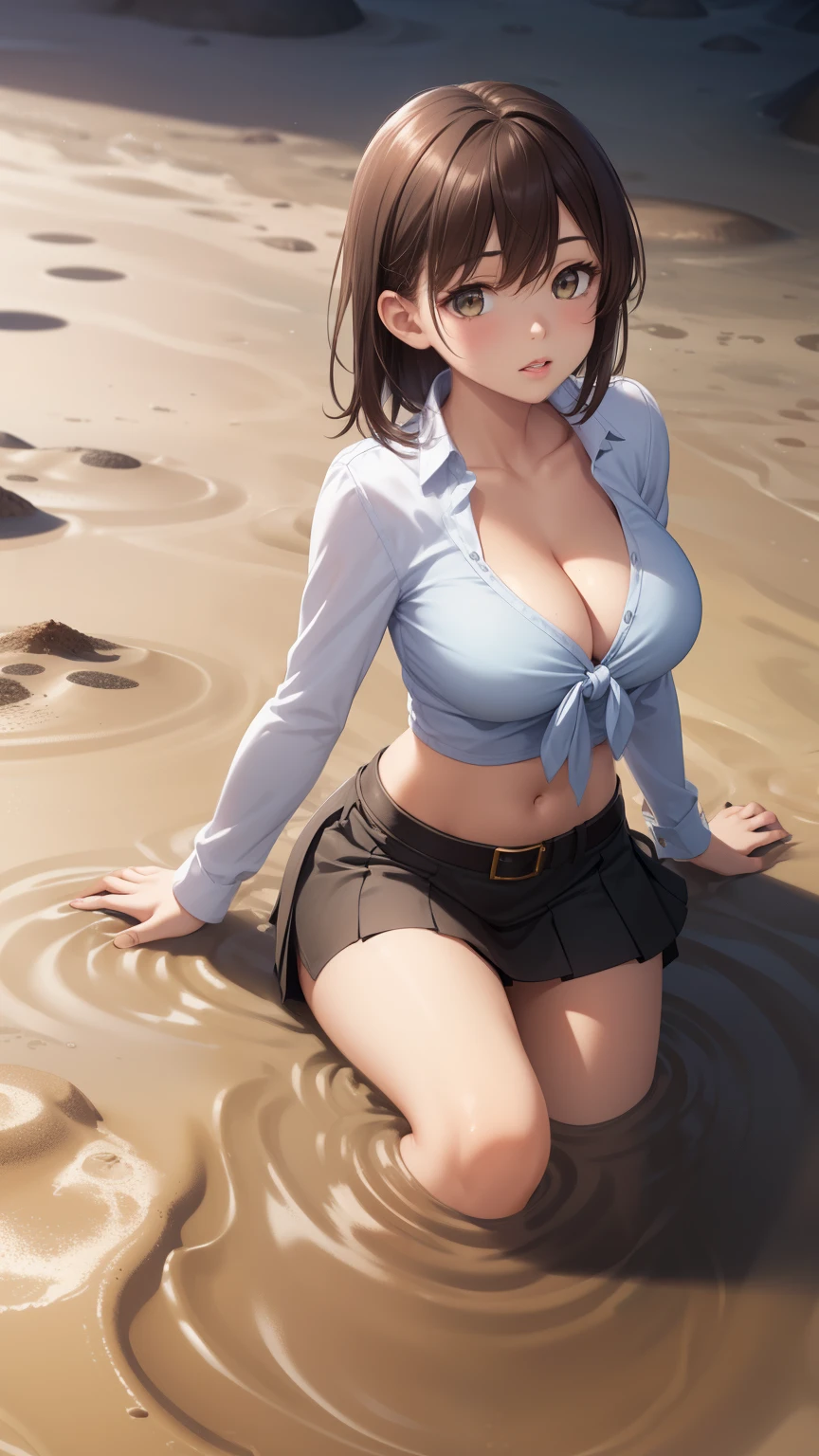 1girl, natural lighting, masterpiece, highly detailed, illustration, game CG, absurdres, high quality, aichan, large breasts, mddium brown hair, lips parted, tied shirt, cleavage, midriff, miniskirt, (quicksand:1.3)