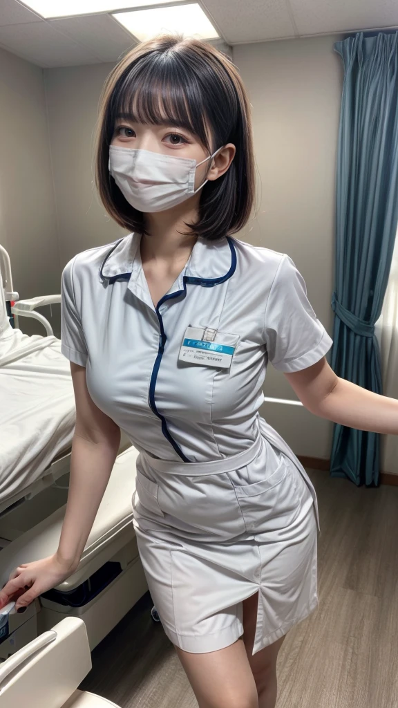 1 girl,(Wearing white nurse clothes:1.2),(RAW photo, highest quality), (realistic, photo-realistic:1.4), masterpiece, very delicate and beautiful, very detailed, 2k wallpaper, wonderful, finely, very detailed CG unity 8k wallpaper, Super detailed, High resolution, soft light, beautiful detailed girl, very detailed eyes and face, beautifully detailed nose, finely beautiful eyes, nurse, perfect anatomy, black hair, up style, nurse uniform, ((mask)), long skirt, nurse, white costume, perfect body shape, Flexible female form, hospital, clear, white uniform, hospital room, auscultation of the neck,bob cut