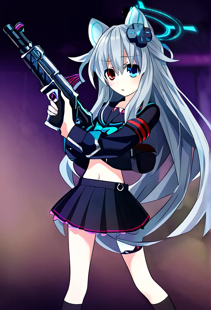 ((1girl)), ((grey hair)), cute, a female anime character holding two guns,【 sciart 💙💜 mson, coilgun, wavy long hair, cat-eared headset with neon light purple color, heterochromia eyes (blue eyes, red eyes), ((black and dark blue outfit)), white ornaments, red skirt, grey wavy hair, hair ornaments, dark blue opened cyberpunk jacket with red lines, navel showing black sailor uniform, ((sailor uniform inside the jacket)), grey sailor collar, black shirt, short sleeves)), midriff, black miniskirt