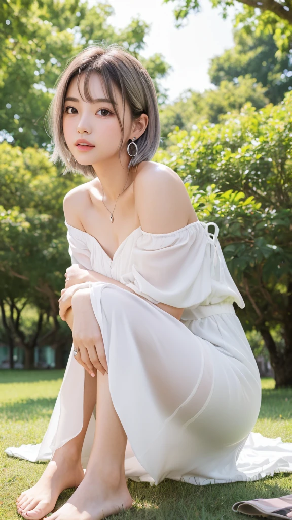 (8k, Photorealistic, Raw photo, Highest quality: 1.4),Japanese idol style1Beautiful girl of the person,18-year-old,Short Bob,Silver Hair,Hang your hair over your ears,Wearing small earrings in the ears,Big, clear grey eyes,Long eyelashes,Tear bags,There is a blackhead under the left eye,Plump Cheeks,Pink lip gloss for glossy, plump lips,She is wearing an off-the-shoulder white dress,sitting under a tree in the park with his knees stretched out and leaning against the trunk,barefoot,Full body portrait,View from below