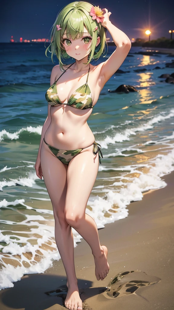 Maki: ore no imouto ga konna ni kawaii wake ga nai, 25-yers-old girl with short light green straight hair with flower hairpin on left bangs, light_brown_eyes, petite_body, average_breasts, seducing look, green camo one piece bikini, beach at night, walking down the beach, full body portrait