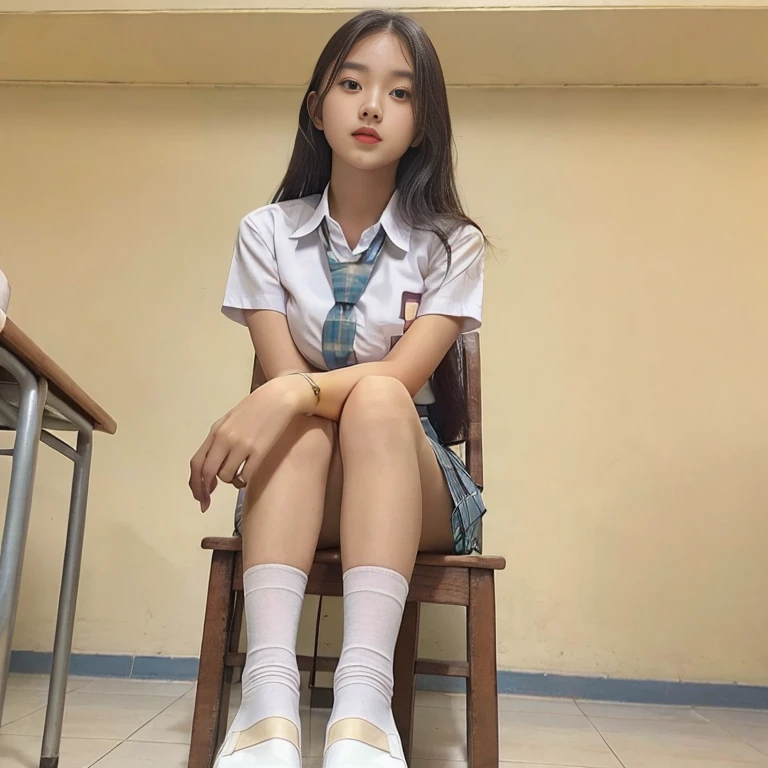 (masterpiece, best quality:1.2), (realistic,photo-realistic:1.4), RAW photo, highres, extremely detailed, intricate details, cinematic lighting, (front view, view from below:1.3), a female, Indonesian face girl, wear skirt, Girl sitting on chair, open crossing leg, visible white panties, in school classroom, (full body,loafers:1.5), large breasts, (fine fabric texture, white shirt, plaid mini-skirt, school bowtie, socks:1.2), detailed eyes, detailed face, fine-textured skin, pale skin, indoors, photo background,