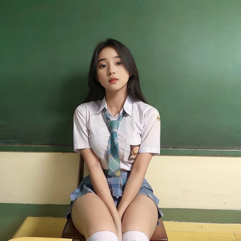 (masterpiece, best quality:1.2), (realistic,photo-realistic:1.4), RAW photo, highres, extremely detailed, intricate details, cinematic lighting, (front view, view from below:1.3), a yo female, Indonesian face girl, wear skirt, Girl sitting on chair, open crossing leg, visible white panties, in school classroom, (full body,loafers:1.5), large breasts, (fine fabric texture, white shirt, plaid mini-skirt, school bowtie, socks:1.2), detailed eyes, detailed face, fine-textured skin, pale skin, indoors, photo background,