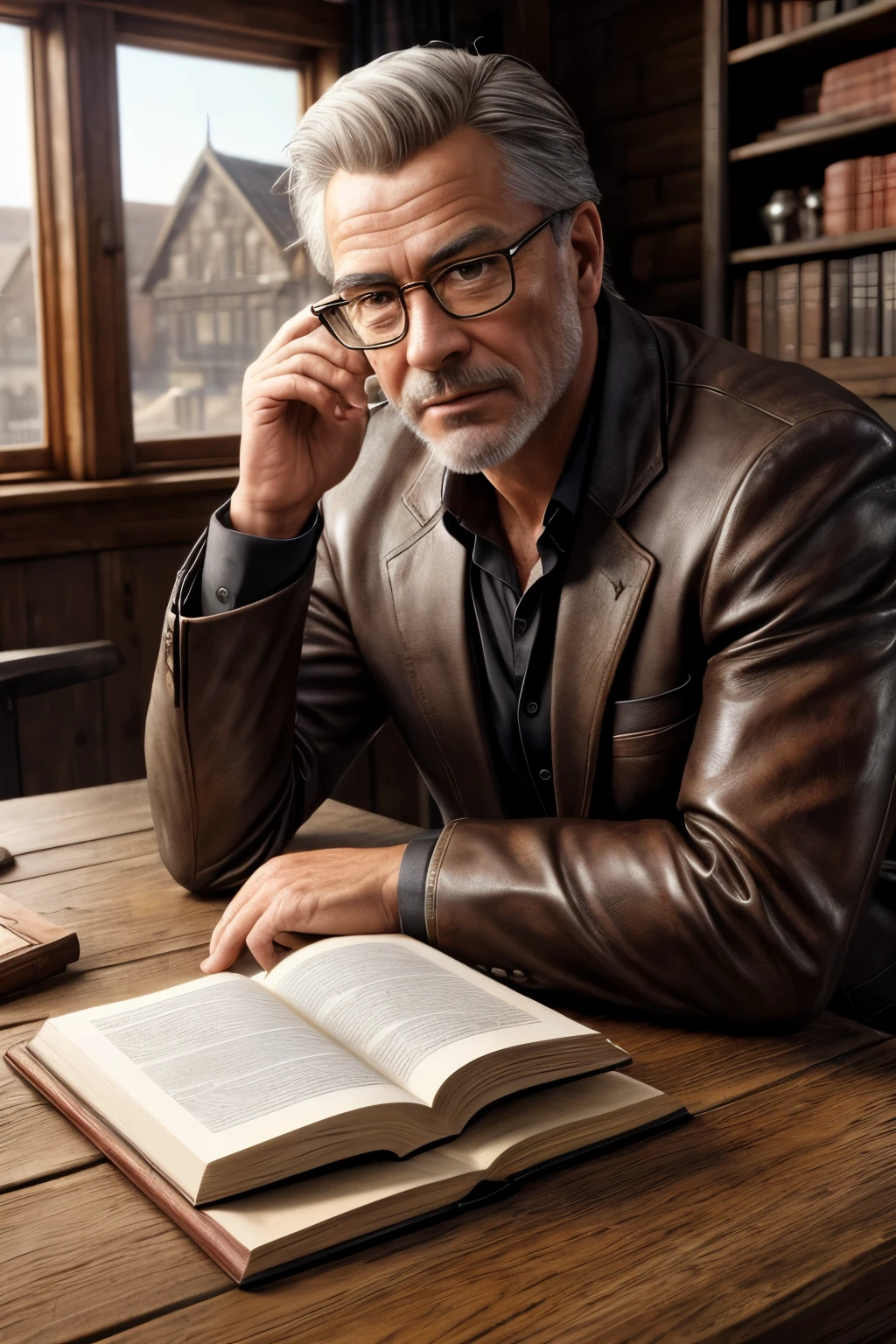 Photo of a distinguished middle-aged professional, Protagonist, sharp features, salt-and-pepper hair, glasses, deep focus, scholarly books scattered across a wooden desk, closeup, rustic background, old university, high-definition details, aged leather books, intricate designs, sharp contrast, warm cinematic light, sidelighting, ultra-high resolution 8K, RAW photo, ultra-realistic, photorealism, lifelike quality, crisp textures, rich tones, hyper-detailed, exquisite texture, soft cinematic light, deep shadows, commercial quality.