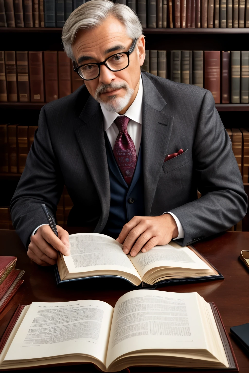 Photo of a distinguished middle-aged professor, academic, impeccable suit, spectacles perched on the nose, a stack of books scattered on the desk, dimly lit office, rich textures, 8K ultra-realistic, high-resolution, intricate details, sharp focus, soft cinematic light, low contrast, deep shadows, RAW photo, capturing the wisdom and knowledge in every fine detail.