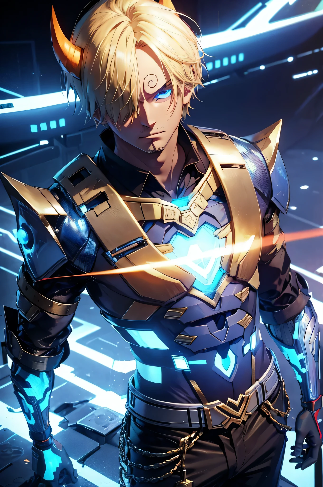 Older male, blonde hair, mechanical chest, glowing, blue horns, futuristic pants