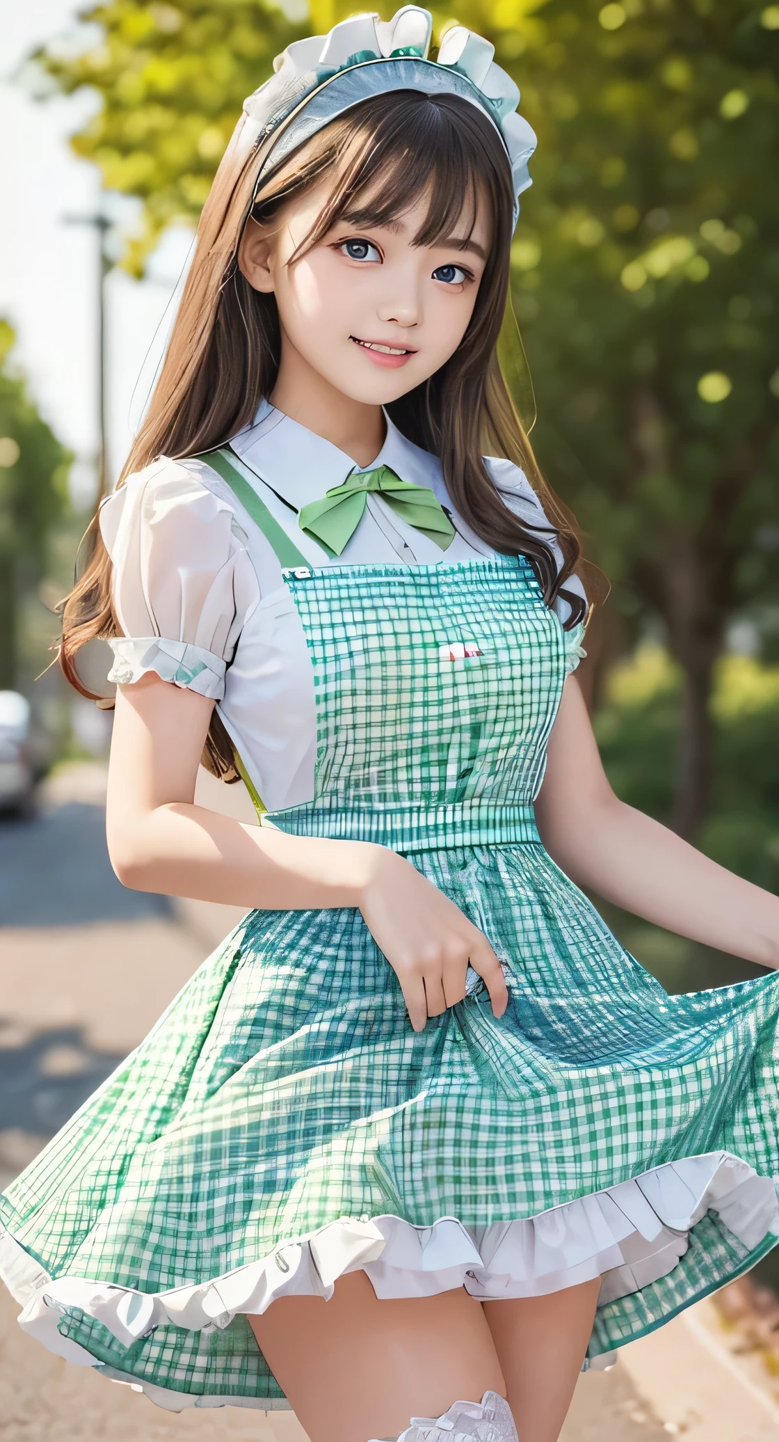 Angelic very beautiful cute young girl,
Beautiful detailed eyes, (14 yo:1.2),(clear-eyed:1.3),
Detailed double eyelids,
(Soft Saturation: 1.3), 
(Fair skin: 1.3),v-line jaw,
(Large eyes:1.4),
Long straight brown hair, 
see-through bangs,
Sharp Focus,
beautiful detailed face and eyes, 
drooping eyes,
small straight nose,
small mouth, 
happy smiling with visible teeth, 85mm lens, F/8.0,BREAK  (light green gingham maid costume :1.5),Walking,Brown hair ,(Costumes with strong reflective surfaces:1.3),(lift skirt:1.2),panty,
(Best Quality:1.2),(Maid costume:1.4),
Raw photo, 
High resolution, 
perfect  detail, 
Professional Photography, 
Professional Lighting,
Powerful lighting of the costume,In the street