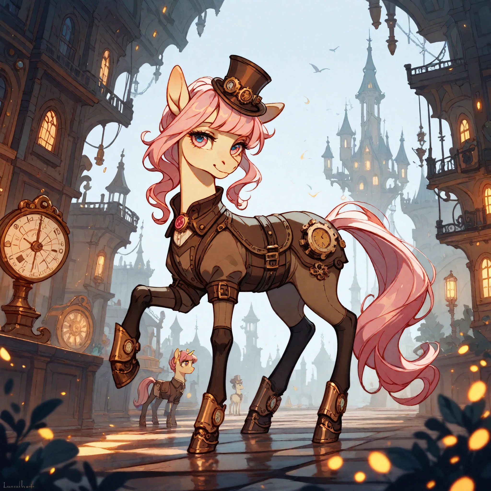  (score_9,score_8_up,score_7_up,score_6_up,score_5_up,score_4_up) black and pink Steampunk pony, glowing, whimsical, enchanted, magical, fantasy art concept, intricate details, 