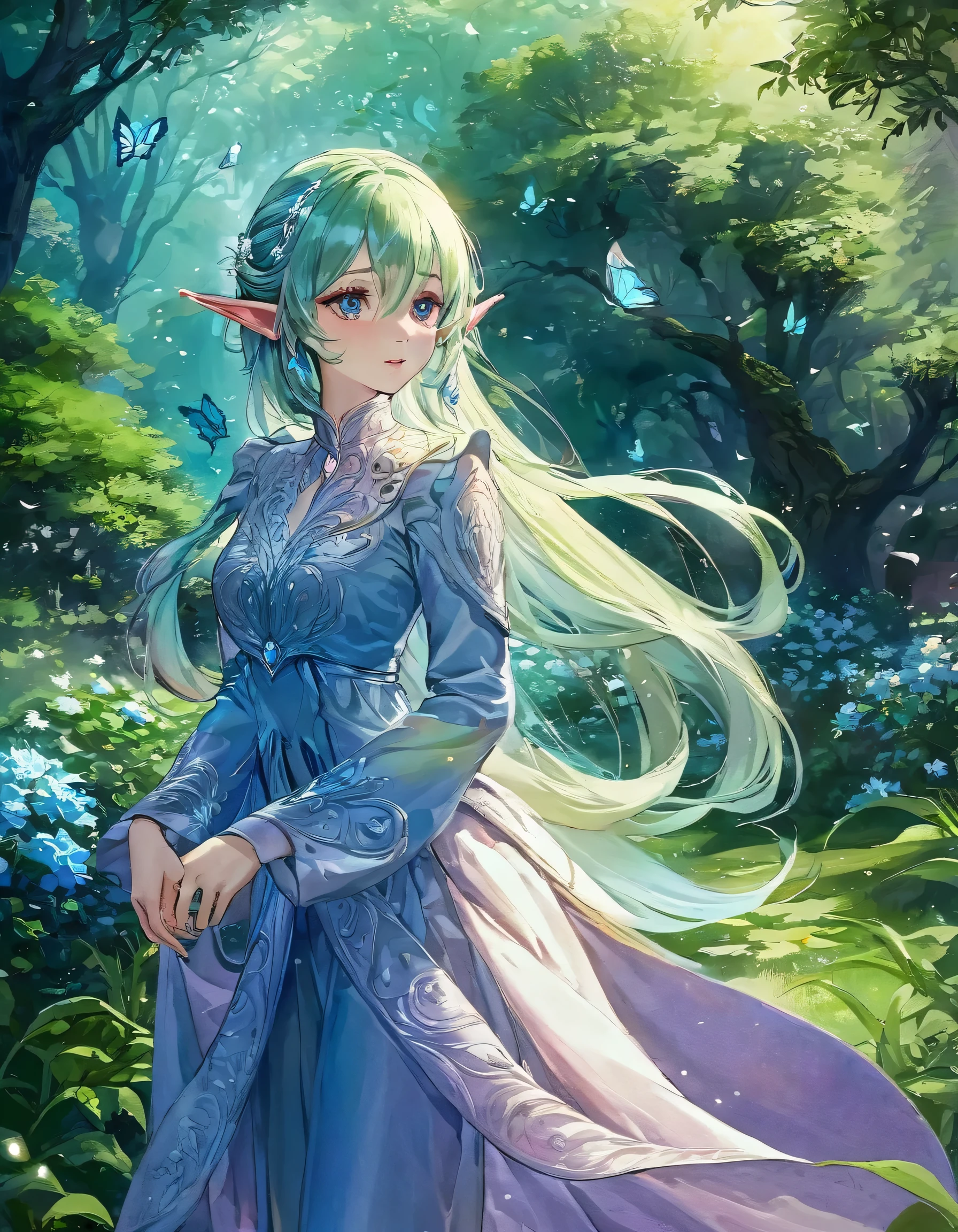 masterpiece,best quality, frieren, sousou no frieren, elf, standing, blush, closed mouth, hair between eyes, long sleeves, earrings, absurdres, highres, , 
Fantasy, elven forest, luminous butterflies fluttering about, blue grass and other colourful flowers in bloom, sunlight filtering through the trees illuminating the garden,every intricate detail, absurd fine detail, Mythological fantasy, Mystical atmosphere, Oil painting-like strokes