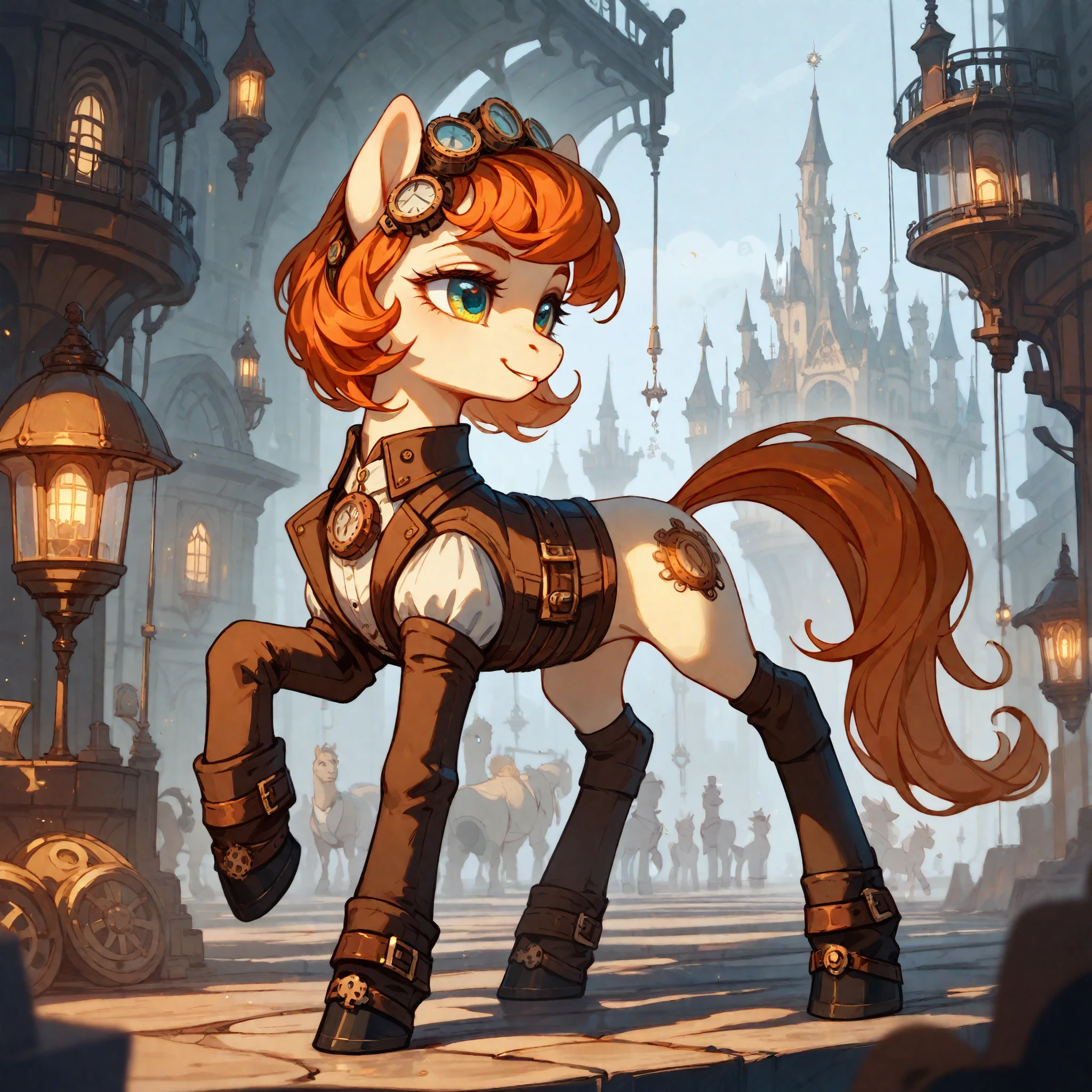  (score_9,score_8_up,score_7_up,score_6_up,score_5_up,score_4_up), Steampunk pony, glowing, whimsical, enchanted, magical, fantasy art concept, intricate details, 