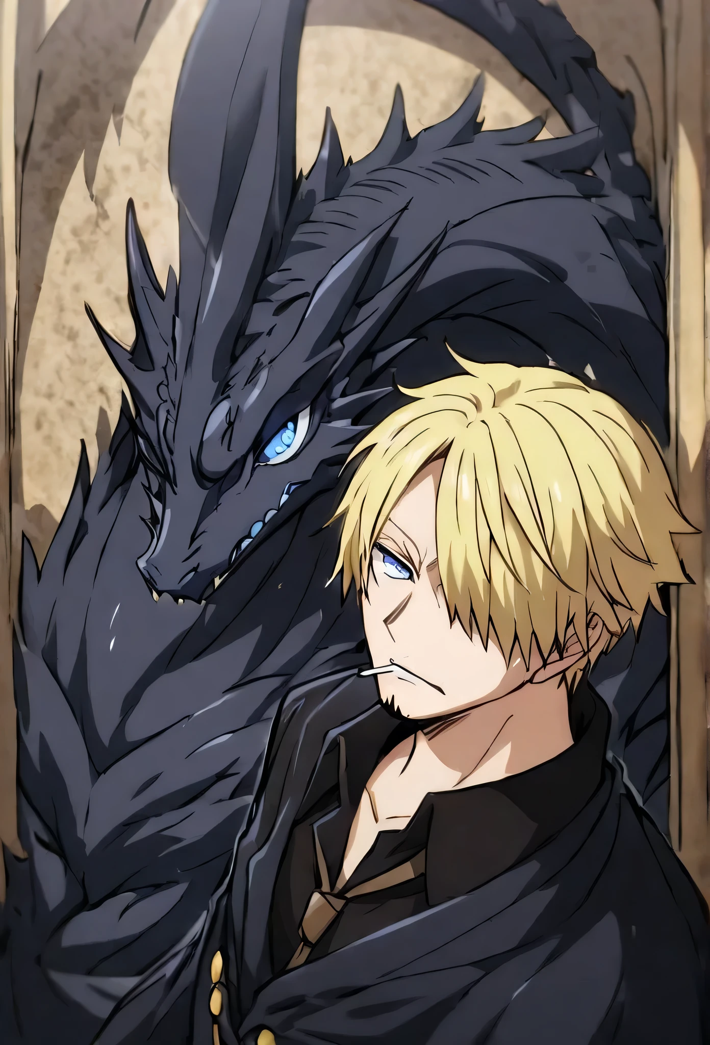 Handsome, solo, 1 male, short hair, blonde hair, blue eyes, black shirt, black cloak, black dragon