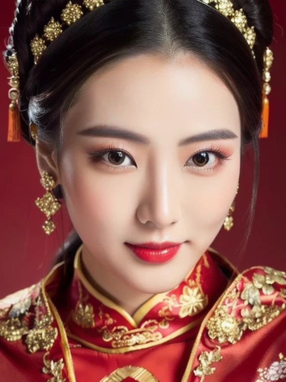 Close-up of a woman wearing a black and red dress, Chinese style, traditional chinese, Chinese dress, Cheongsam, Chinese dress, traditional chinese clothing, Chinese woman, with ancient Chinese clothes, Chinese girl, wearing a red Cheongsam, Chinese princess, black and red silk clothes, Gorgeous Chinese model, traditional beauty, สวมChinese dressโบราณ ผ้าไหมกำมะหยี่ผ้าไหมกำมะหยี่สีน้ำเงินสีทองสีเหลืองสีส้มท่าใหม่ราคาแพง, Action with different poses,