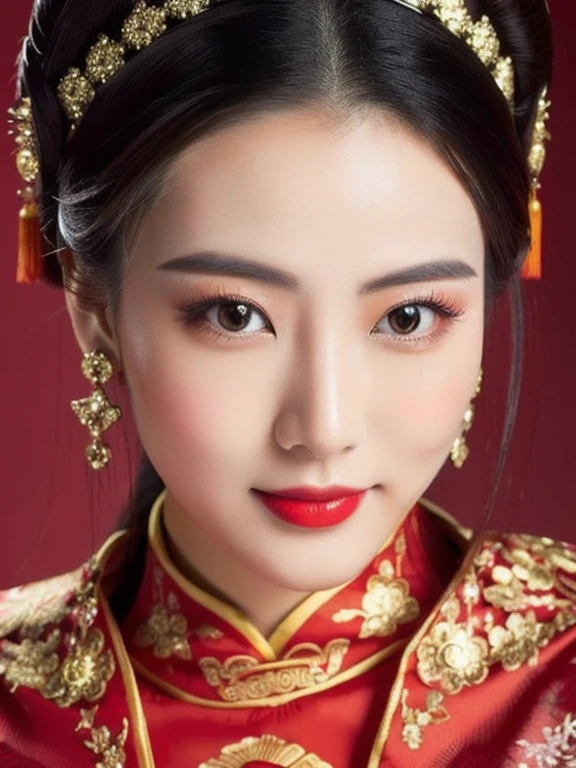 Close-up of a woman wearing a black and red dress, Chinese style, traditional chinese, Chinese dress, Cheongsam, Chinese dress, traditional chinese clothing, Chinese woman, with ancient Chinese clothes, Chinese girl, wearing a red Cheongsam, Chinese princess, black and red silk clothes, Gorgeous Chinese model, traditional beauty, สวมChinese dressโบราณ ผ้าไหมกำมะหยี่ผ้าไหมกำมะหยี่สีน้ำเงินสีทองสีเหลืองสีส้มท่าใหม่ราคาแพง, Action with different poses,