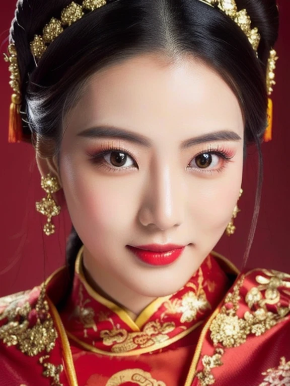 Close-up of a woman wearing a black and red dress, Chinese style, traditional chinese, Chinese dress, Cheongsam, Chinese dress, traditional chinese clothing, Chinese woman, with ancient Chinese clothes, Chinese girl, wearing a red Cheongsam, Chinese princess, black and red silk clothes, Gorgeous Chinese model, traditional beauty, สวมChinese dressโบราณ ผ้าไหมกำมะหยี่ผ้าไหมกำมะหยี่สีน้ำเงินสีทองสีเหลืองสีส้มท่าใหม่ราคาแพง, Action with different poses,