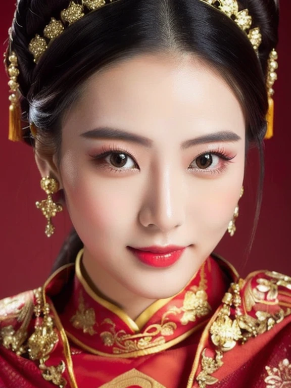 Close-up of a woman wearing a black and red dress, Chinese style, traditional chinese, Chinese dress, Cheongsam, Chinese dress, traditional chinese clothing, Chinese woman, with ancient Chinese clothes, Chinese girl, wearing a red Cheongsam, Chinese princess, black and red silk clothes, Gorgeous Chinese model, traditional beauty, สวมChinese dressโบราณ ผ้าไหมกำมะหยี่ผ้าไหมกำมะหยี่สีน้ำเงินสีทองสีเหลืองสีส้มท่าใหม่ราคาแพง, Action with different poses,