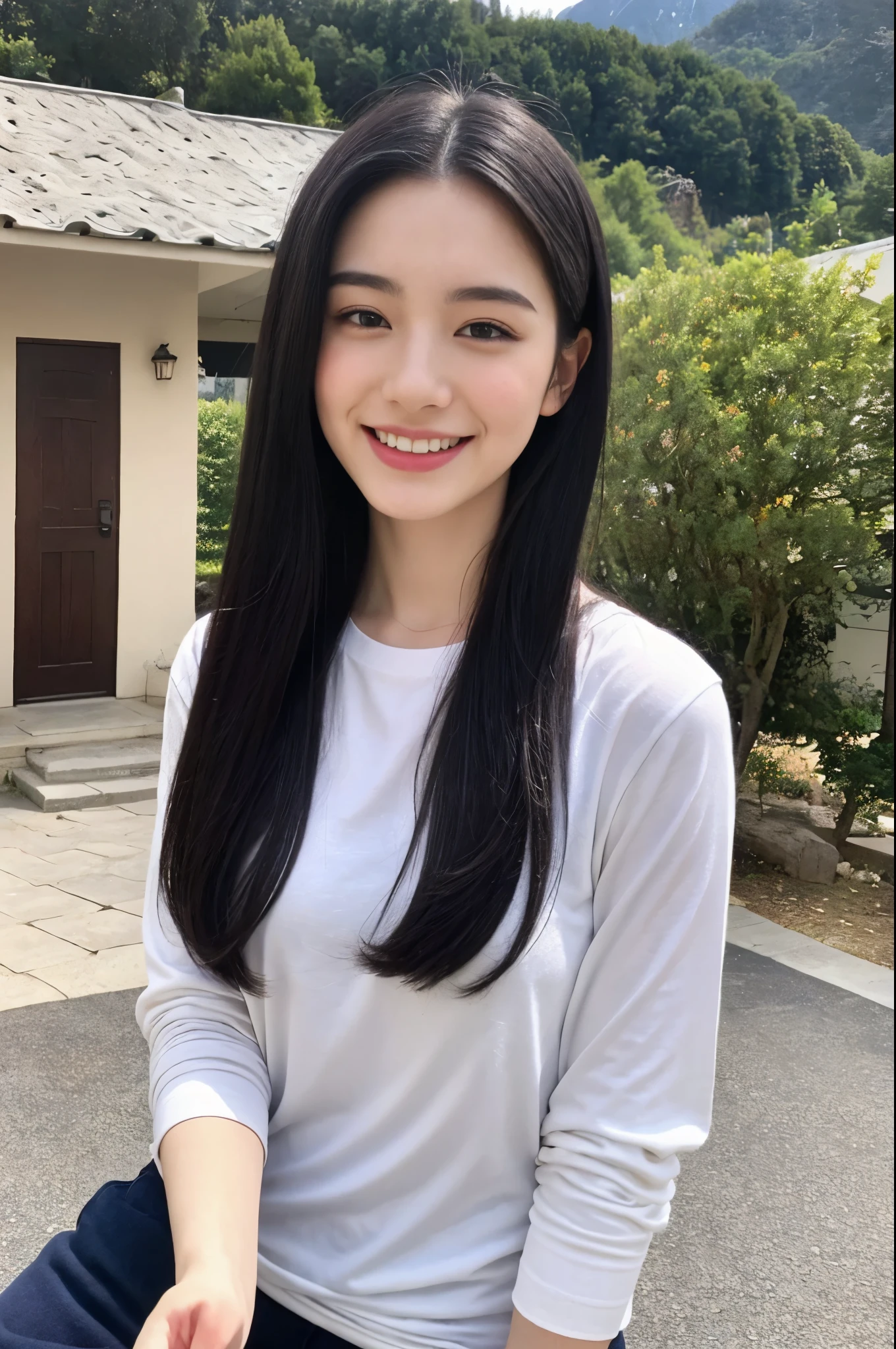 22-year-old girl, with gray eyes, pale white skin, normal body, smiling, black hair, photo taken with an ultra-realistic professional camera, very comfortable clothes, she is in the background pointing at a mountain