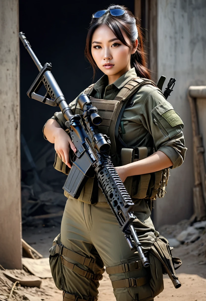 20 year old asian huge breasts woman in military uniform holding rifle, sniper girl in war, with rifle, m4 sopmod ii frontline girl, infantry girl, soldier girl, military girl, ready to fight, holding pdw, beautiful female soldier, holding rifle, holding guns, heavily armed, cinematic —ar 16:9, post-apocalyptic setting,incredibly absurdres, ultra detailed, high resolution, realistic lighting, photorealism, hyperrealism,masterpiece,vibrant colors,stunning visuals,ultra skin texsture,stable diffusion,perfect anatomy,crazy details