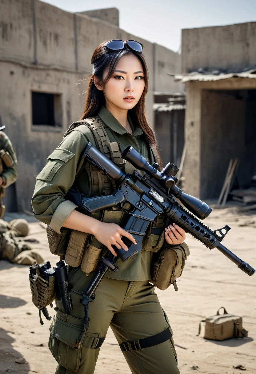 20 year old asian huge breasts woman in military uniform holding rifle, sniper girl in war, with rifle, m4 sopmod ii frontline girl, infantry girl, soldier girl, military girl, ready to fight, holding pdw, beautiful female soldier, holding rifle, holding guns, heavily armed, cinematic —ar 16:9, post-apocalyptic setting,incredibly absurdres, ultra detailed, high resolution, realistic lighting, photorealism, hyperrealism,masterpiece,vibrant colors,stunning visuals,ultra skin texsture,stable diffusion,perfect anatomy,crazy details
