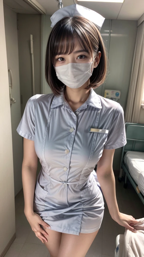 1 girl,(Wearing white nurse clothes:1.2),(RAW photo, highest quality), (realistic, photo-realistic:1.4), masterpiece, very delicate and beautiful, very detailed, 2k wallpaper, wonderful, finely, very detailed CG unity 8k wallpaper, Super detailed, High resolution, soft light, beautiful detailed girl, very detailed eyes and face, beautifully detailed nose, finely beautiful eyes, nurse, perfect anatomy, black hair, up style, nurse uniform, ((mask)), long skirt, nurse, white costume, perfect body shape, Flexible female form, hospital, clear, white uniform, hospital room, auscultation of the neck,bob cut