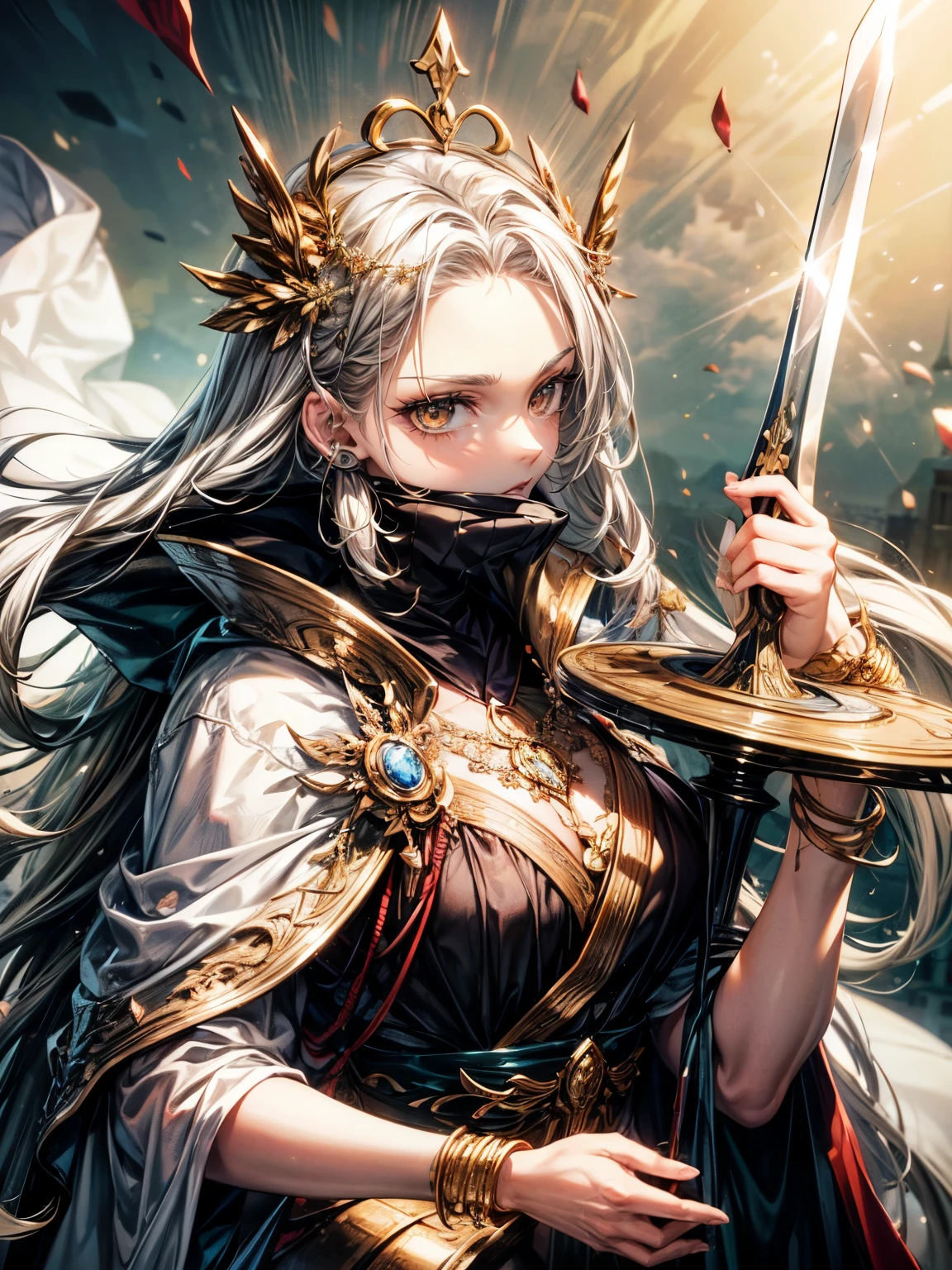 masterpiece,highest quality,Ultra high definition, The Goddess Themis, Greek mythology,((Forehead hair)),white hair,Sword in right hand, balance in left,deep brown eyes, white draped robe, scales, Deep brown eyes 