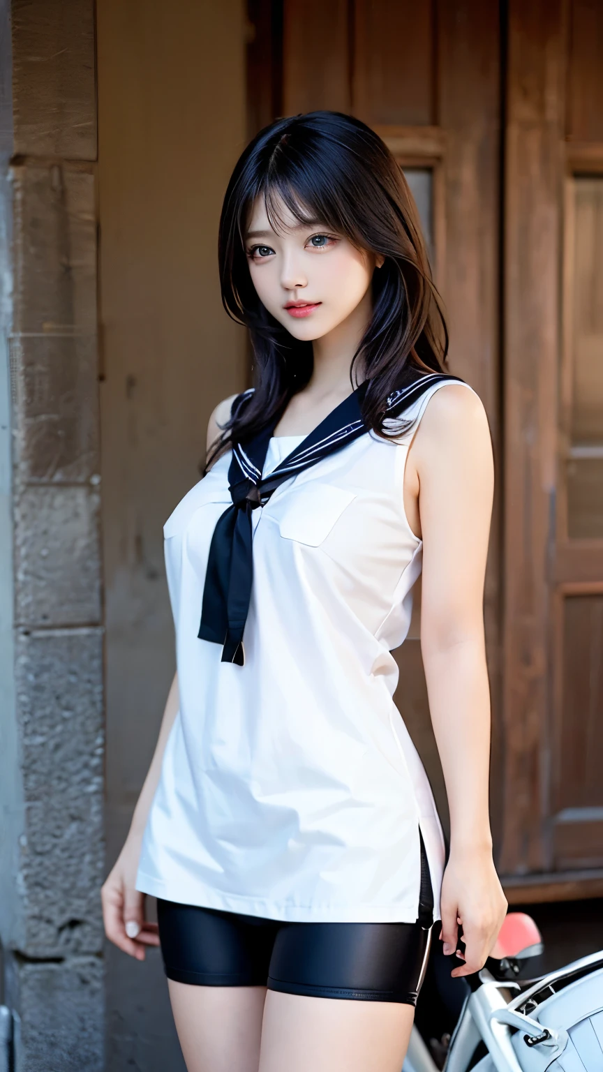 (Very delicate and beautiful:1.2)super model,,Big Breasts,Beautiful breasts,voluptuous,【bike shorts】,,【3girls】,,highest quality, High resolution, 8K,Sailor suit,Kick