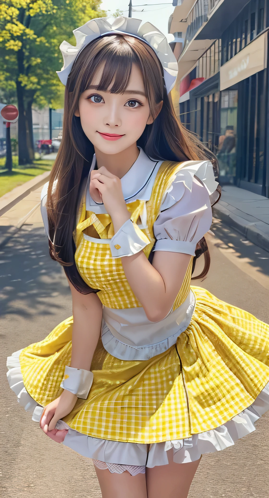 Angelic very beautiful cute young girl,
Beautiful detailed eyes, (5 yo:1.2),(clear-eyed:1.3),
Detailed double eyelids,
(Soft Saturation: 1.3), 
(Fair skin: 1.3),v-line jaw,
(Large eyes:1.4),
Long straight brown hair, 
see-through bangs,
Sharp Focus,
beautiful detailed face and eyes, 
drooping eyes,
small straight nose,
small mouth, 
happy smiling with visible teeth, 85mm lens, F/8.0,BREAK  (yellow gingham maid costume :1.5),Walking,Brown hair ,(Costumes with strong reflective surfaces:1.3),(lift skirt:1.2),panty,
(Best Quality:1.2),(Maid costume:1.4),
Raw photo, 
High resolution, 
perfect  detail, 
Professional Photography, 
Professional Lighting,
Powerful lighting of the costume,In the street