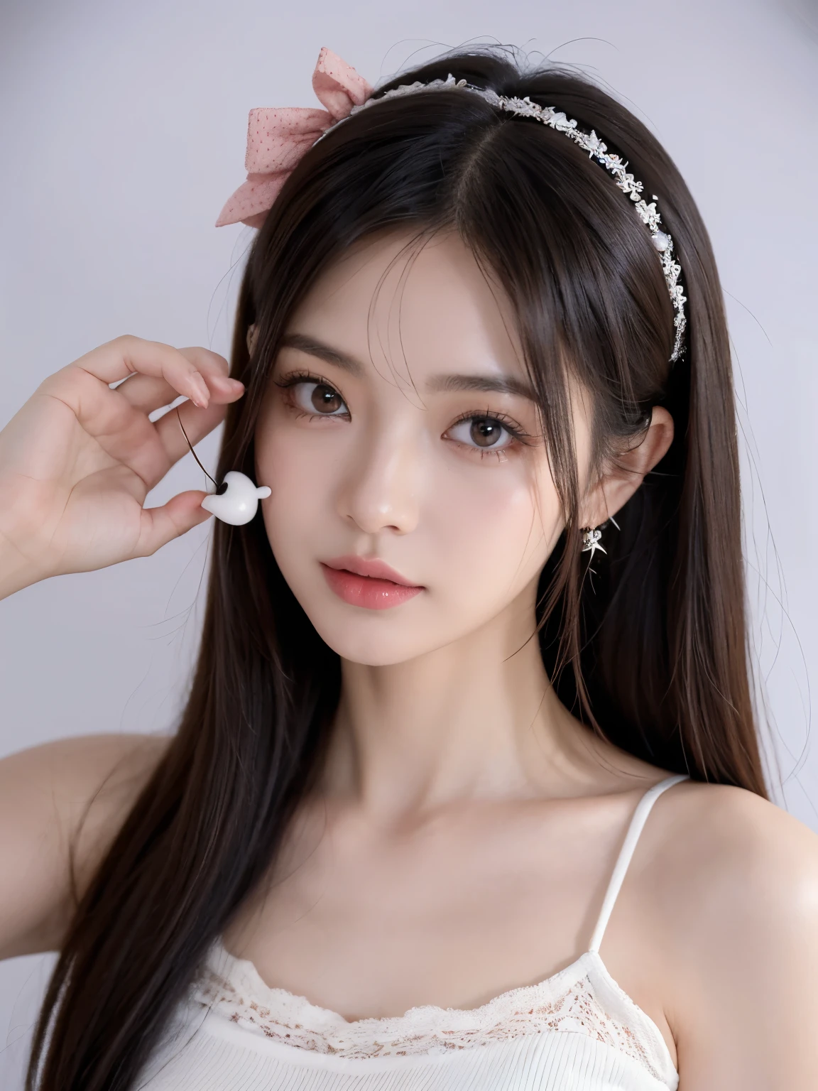 Kim Jennie with white brown hair, con rulos en las puntas, with two bows on each side of the hair, all her hair white brown, with a star clip in her white brown hair, ojos de color claro, ojos bonitos, ojos llorosos, nariz bonita y respingada, nariz lloroso, labios bonitos, labios rosas, heart and cupid shaped lip, piel bonita, pale, piel blanca, con lunares y pecas en todo el rostro, rubor rosa suave en las mejilla, rubor rosa natural, maquillaje suave y rosa, jennie, cuello bonito, cuello marcado, frown, mirada tierna, con un collar de beso, un collar bonito de beso, parecido a Yumeko Jabami, mientras lleva puesto un Crochet YK2, de lana, with a YK2 style brown mini skirt, mientras lleva una casaca con estampados de ositos, mientras tiene el abdomen desnudo, delgado, marcado y bonito, (pechos grandes, pechos suaves, pechos bonitos), mientras esta haciendo cospaly del personaje Yumeko Jabami, del anime Kakegurui, mirando a la camara, autofoto, selfie bonita