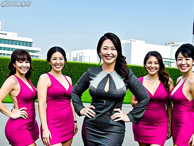 Photorealistic、30years old、Middle-aged mature woman、(Paddock Girls、Grid Girls)、5Women、Circuit Paddock、japanese、Chubby body type、Racing suit style one piece dress、