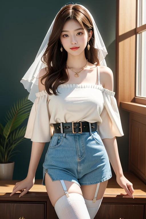 (8K Ultra HD、Digital SLR Camera、Soft Light、high quality、Volumetric Lighting、frank、photo、high resolution、4k、8K、Bokeh),(Rich details on the eyes and face,warm color, Very saturated colors,Show a charming smile, Perfect face, Pretty Face, black eyes,皮肤transparent可见, Shirasawa skin,cosmetic, necklace, Jewelry,veil,Hair accessories),(Create stunning images of real girls, warm light, Dynamic poses, Elegant Posture, Cowboy lens, Look confident from the front,Facing the camera,Standing,Open your legs slightly,Golden Ratio Graphics,Minimalism, ), (Study background), Chinese female students,brown hair、Gradient hairstyles,(Sexy,Perfect breast shape、Very detailed breasts,34E cup),(transparent,perspective,Short sleeve,Off-shoulder,transparent衬衫,transparent百叶短裙,Three-point underwear),(High waist,Waist hollow,Levain),(Smooth knee socks、garter、腿部garter)