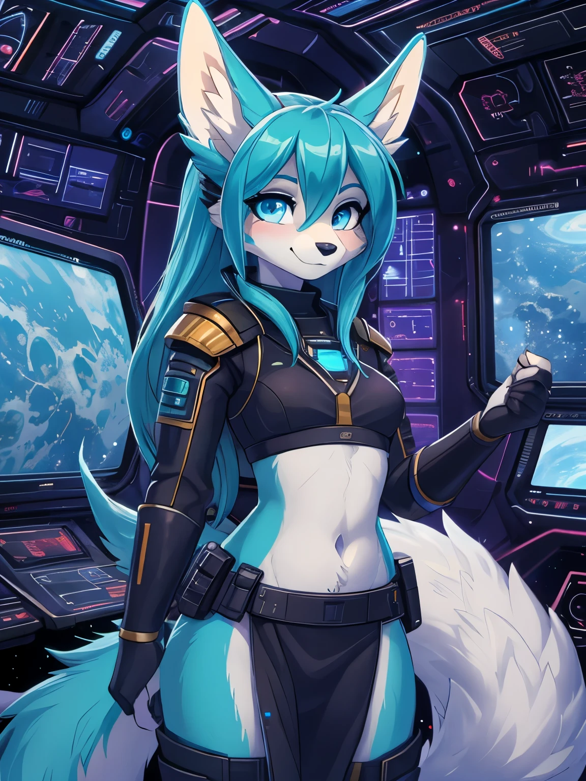 Miku Hatsune, cuerpo aqua&blanco, peludo, orejas de kitsune,((piersings)), arete en el ombligo, tatuajes tribal, space clothes, futuristic city landscape, Eclipse, cara sonrojada, feliz, happy girl. Blue intense eyes, most beautifull blue deep eyes, magic girl, vista de cuerpo completo, caderas anchas, muslos gruesos, electronic girl, space girl, space trooper girl, abording his ship, space pirate girl