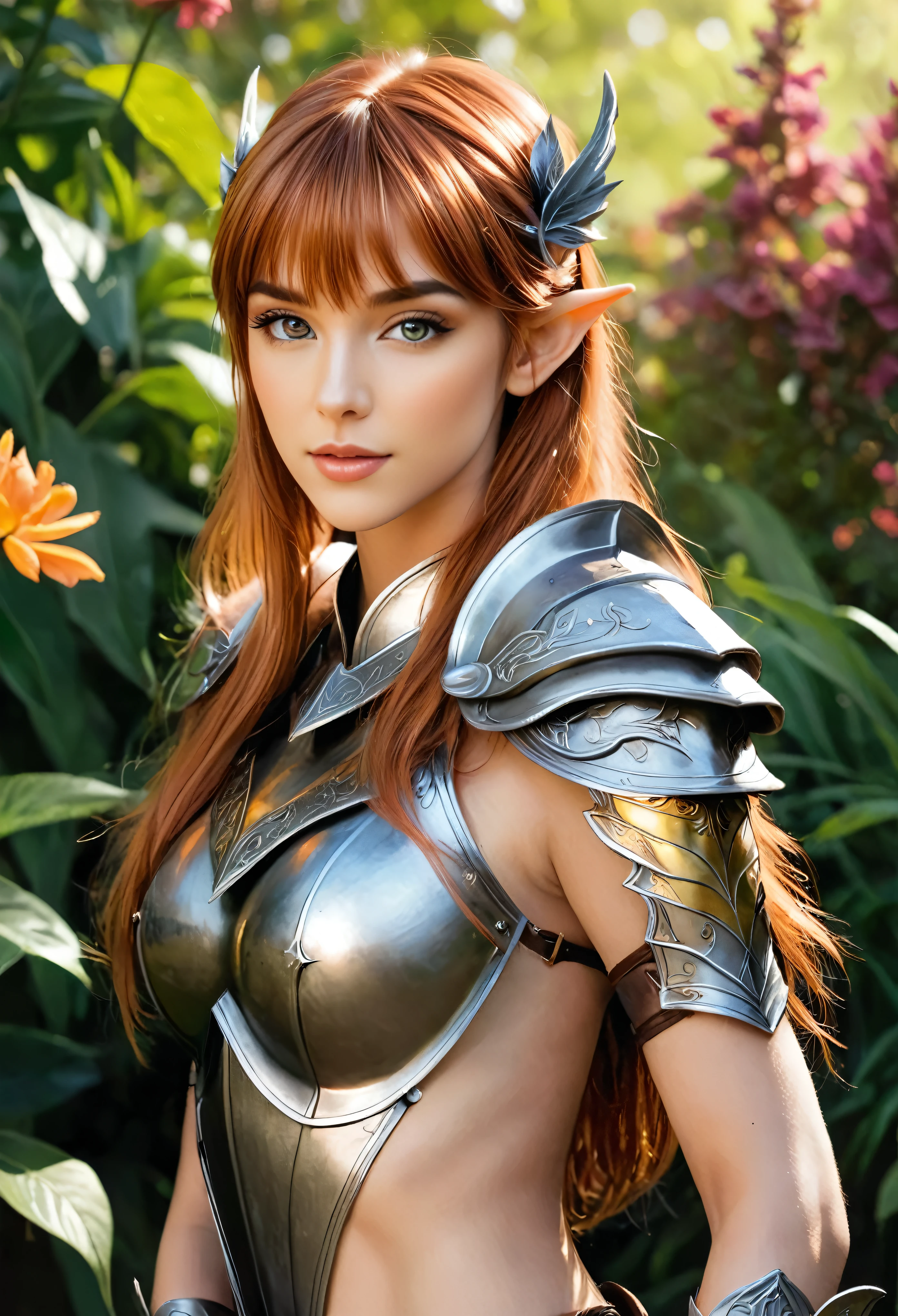 smooth lines; Express expressions and postures through ink contrast, The background is a flower garden. emphasize light, shadow and space. Drawing of Exotic Wood Elven Beauty. Bright Auburn hair, (Messy Bangs hairstyle), ((fresh)), ((elven ears):1.3), golden ratio face, perfect face, (attractive body), (fashion model body), wearing Elven armor, (holding a small shield), fine art piece, figurative art, Dress neatly. sexy painting, Wallop | (best quality, 4K, 8k, high resolution,masterpiece:1.2), Super detailed,(actual, photoactual, photo-actual:1.37).  | She is adopting a ((dynamic_pose as interacts, boldly moving a exciting way):1.3), ((perfect_pose)), ((perfect_pose):1.5), (((full body))), ((perfect_fingers, better_hands, perfect_hands, perfect_legs)), | Rendered in ultra-high definition with UHD and retina quality, this masterpiece ensures anatomical correctness and textured skin with super detail. With a focus on high quality and accuracy, this award-winning portrayal captures every nuance in stunning 16k resolution, immersing viewers in its lifelike depiction. | ((perfect_composition, perfect_design, perfect_layout, perfect_detail, ultra_detailed)), ((enhance_all, fix_everything)), More Detail, Enhance.