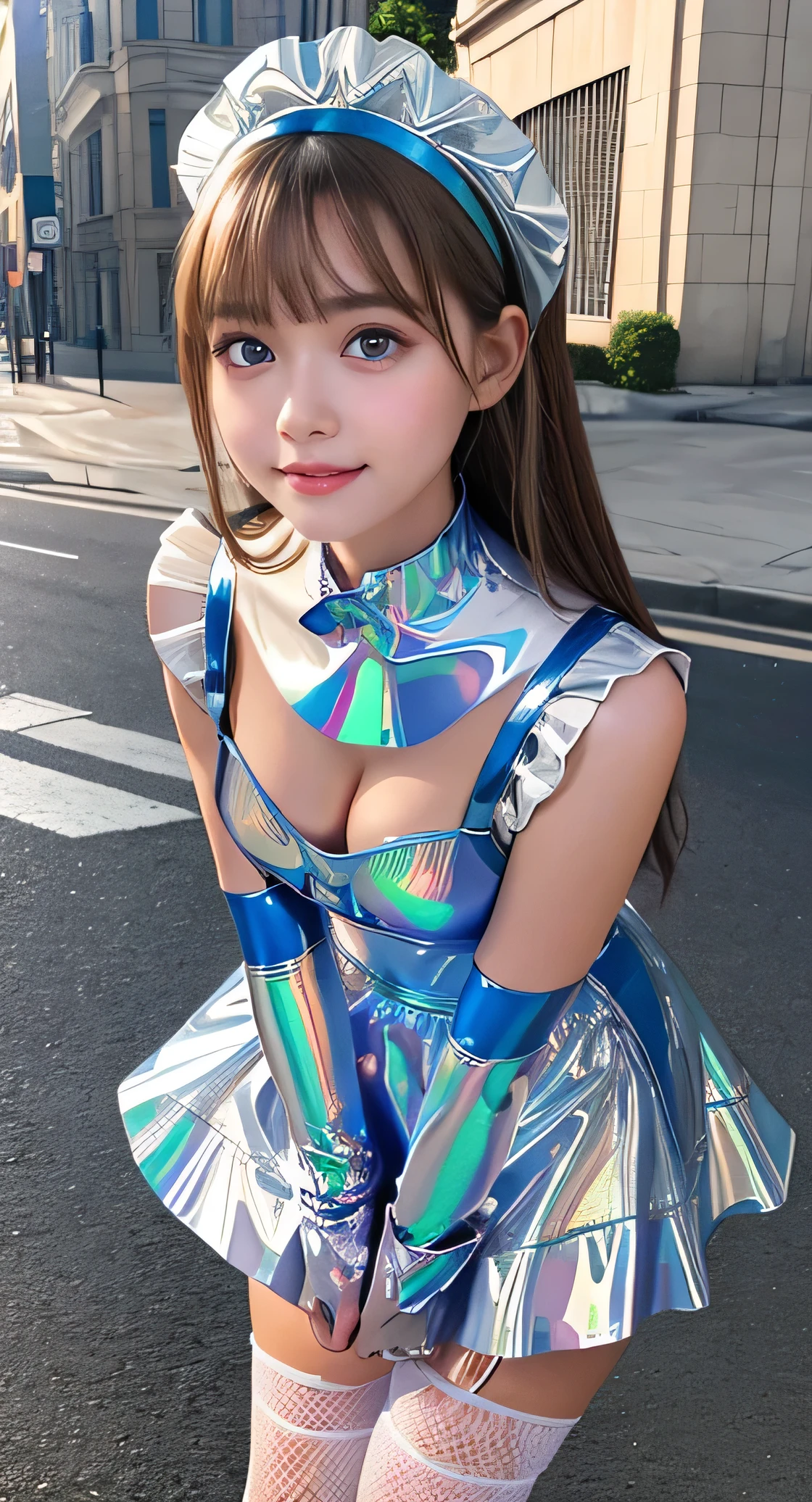 Angelic very beautiful cute young girl,
Beautiful detailed eyes, (5 yo:1.2),(clear-eyed:1.3),
Detailed double eyelids,
(Soft Saturation: 1.3), 
(Fair skin: 1.3),v-line jaw,
(Large eyes:1.4),
Long straight brown hair, 
see-through bangs,
Sharp Focus,
beautiful detailed face and eyes, 
drooping eyes,
small straight nose,
small mouth, 
happy smiling with visible teeth, 85mm lens, F/8.0,BREAK  (Super shiny holographic white and metallic blue latex maid costume :1.5),Walking,Brown hair ,(Costumes with strong reflective surfaces:1.3),(lift skirt:1.2),panty,
(Best Quality:1.2),(Maid costume:1.4),
Raw photo, 
High resolution, 
perfect  detail, 
Professional Photography, 
Professional Lighting,
Powerful lighting of the costume,In the street