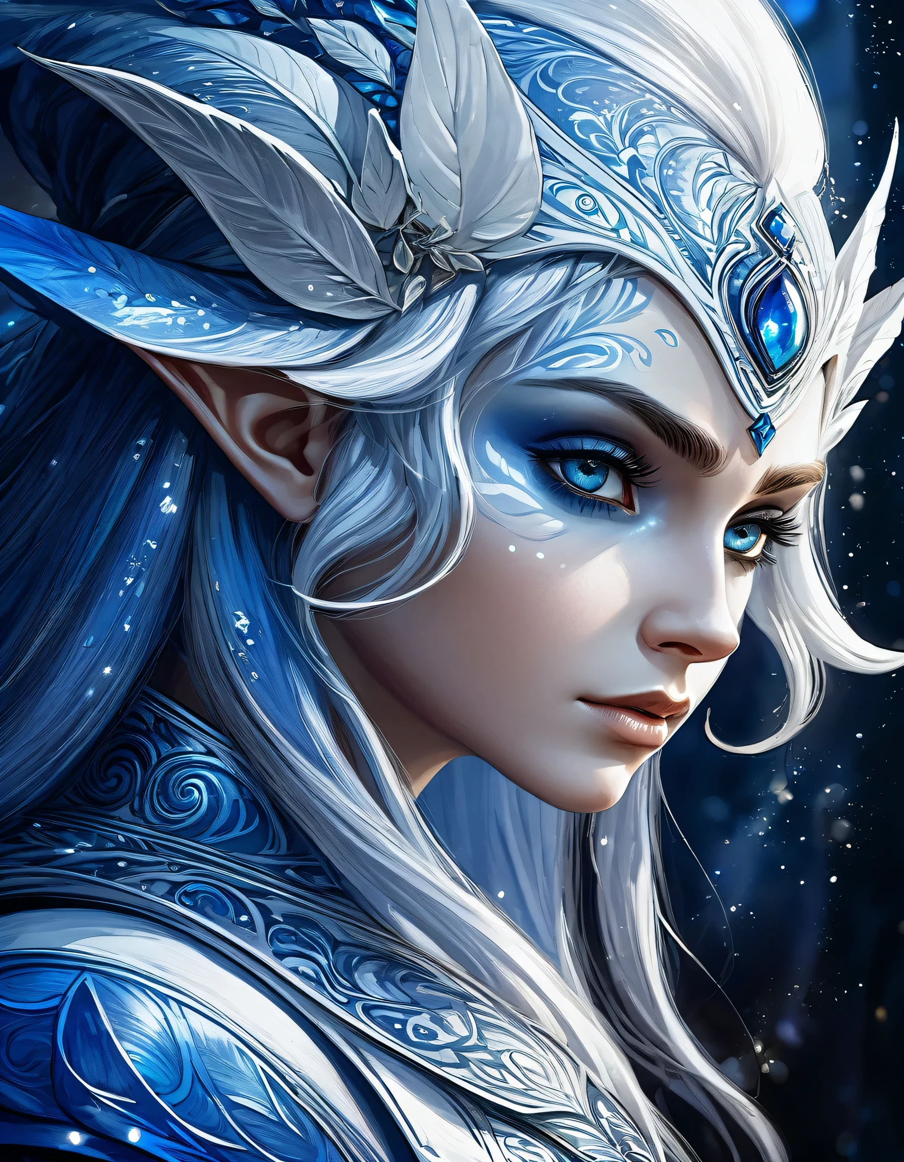 Portrait of an elf entering a dark fantasy world, elaborately painted face, blue and white world, elf painted in blue and white, elf profile, shining details, tremendous aura of defence, rendered in intricate detail, breathtakingly beautiful CG