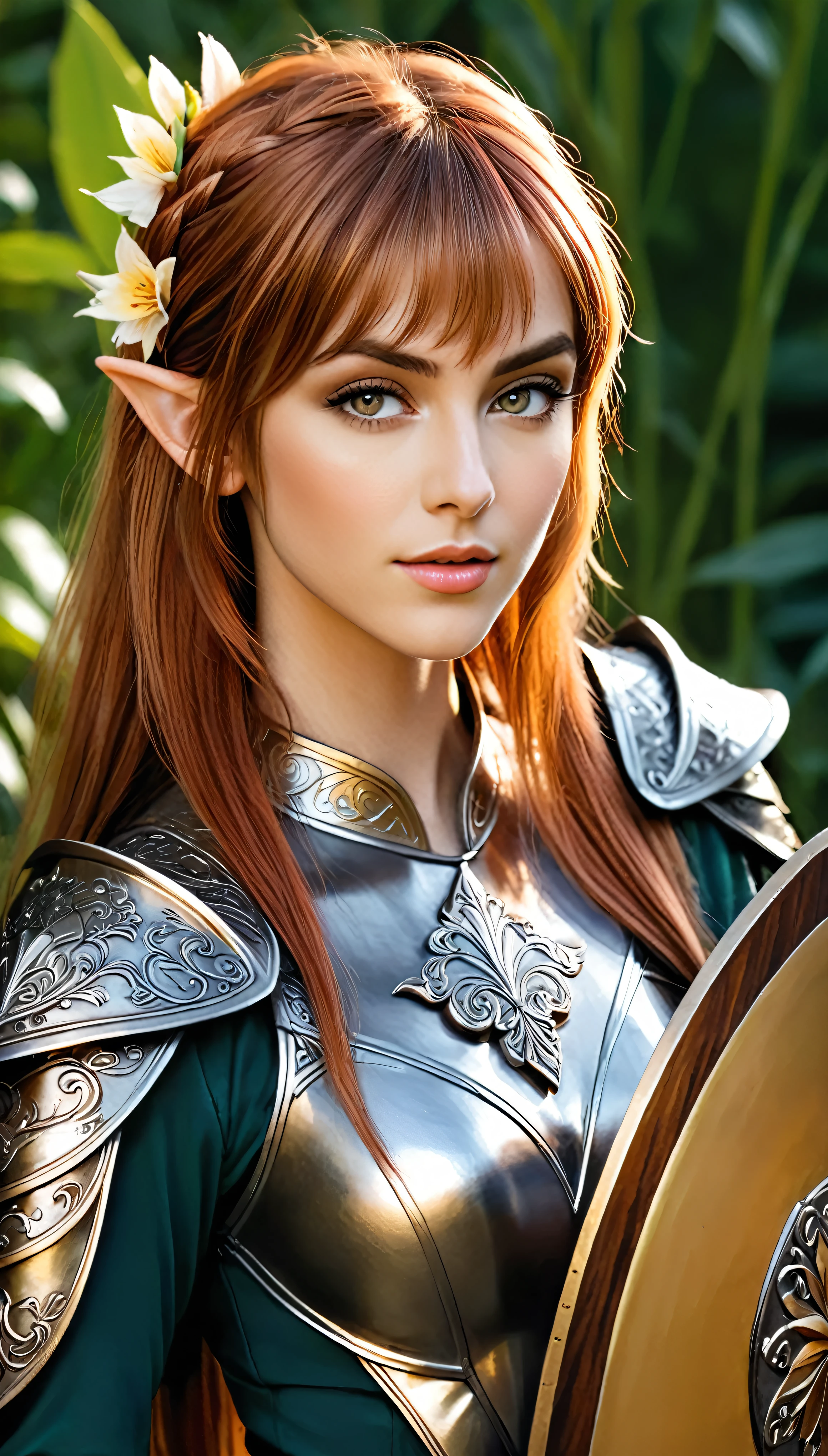smooth lines; Express expressions and postures through ink contrast, The background is a flower garden. emphasize light, shadow and space. Drawing of Exotic Wood Elven Beauty. Bright Auburn hair, (Messy Bangs hairstyle), ((fresh)), ((elven ears):1.3), golden ratio face, perfect face, (attractive body), (fashion model body), wearing Elven armor, (holding a small shield), fine art piece, figurative art, Dress neatly. sexy painting, Wallop | (best quality, 4K, 8k, high resolution,masterpiece:1.2), Super detailed,(actual, photoactual, photo-actual:1.37). | She is adopting a ((dynamic_pose as interacts, boldly moving a exciting way):1.3), ((perfect_pose)), ((perfect_pose):1.5), (((full body))), ((perfect_fingers, better_hands, perfect_hands, perfect_legs)), | Rendered in ultra-high definition with UHD and retina quality, this masterpiece ensures anatomical correctness and textured skin with super detail. With a focus on high quality and accuracy, this award-winning portrayal captures every nuance in stunning 16k resolution, immersing viewers in its lifelike depiction. | ((perfect_composition, perfect_design, perfect_layout, perfect_detail, ultra_detailed)), ((enhance_all, fix_everything)), More Detail, Enhance.